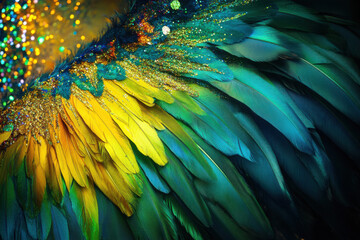 Glittering gold dust enhancing vibrant green and yellow feathers