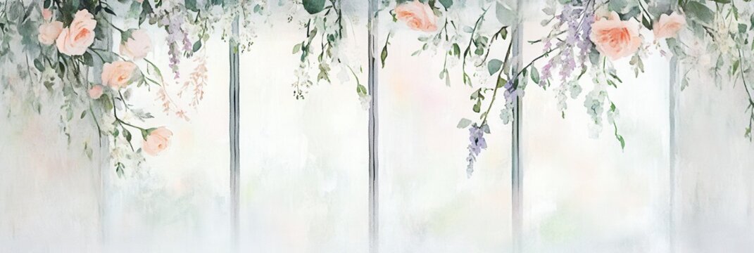 Watercolor Peach Roses and Greenery Hanging Garland Over Window Pane Background