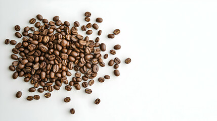 Naklejka premium Roasted Coffee Beans Scattered On White Background With Brown Tones Close Up Studio Shot