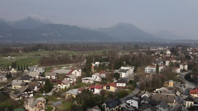 Aerial view to the village on Bled Lake in Slovenia