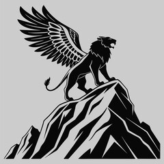 a lion with wings standing on a mountaintop silhouette vector design art and illustration