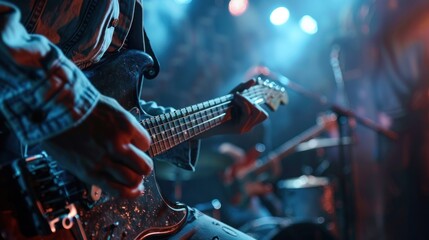 Obraz premium Energetic Guitarist Performing on Stage with Dynamic Lighting and Band in the Background