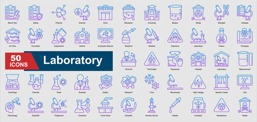 A collection set of gradient outline Laboratory icons. Includes microscope, beaker, scientist, experiment, research, and more. Perfect for illustration and design.
