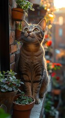Peaceful cat on sunny ledge high resolution hd image