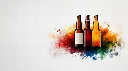Three beer bottles stand aligned, surrounded by colorful abstract watercolor splashes on a bright white background.
