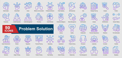A collection of line gradient Problem Solution icons. Includes decision making, conflict resolution, teamwork, negotiation, leadership, and more. Perfect for illustrations and designs.