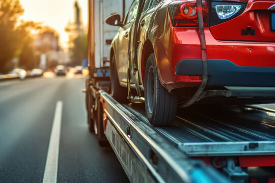Tow truck carrying red car on highway during sunset