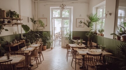 Fototapeta premium Light-filled cafe with wooden tables, chairs, and abundant greenery