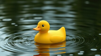 Rubber duck floating serenely in a rain-soaked pond amidst gentle ripples