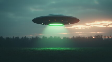 Fototapeta premium Clover-shaped ufo beaming green light over pastures at twilight gigapixel image enigmatic atmosphere