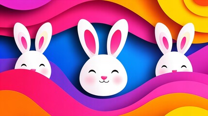 Obraz premium Three cartoon bunnies peek out from behind colorful layered waves in an illustration.