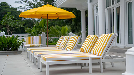 Obraz premium Luxury Outdoor Patio Sunbeds With Yellow Umbrella And Striped Cushions
