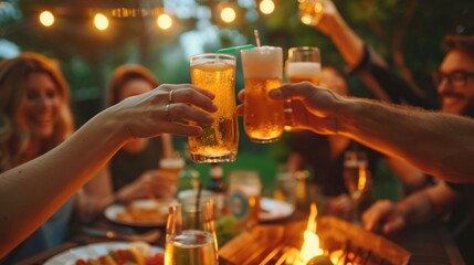Friends Celebrating with Beer Cheers at Outdoor Gathering Around a Fire Pit