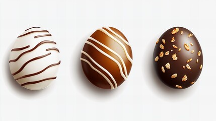 Three chocolate Easter eggs rest side by side, each with a different topping design on a plain white surface.