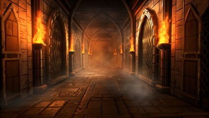 Obraz premium Mysterious ancient stone corridor lit by fiery torches dark dungeon path gothic architecture smoky