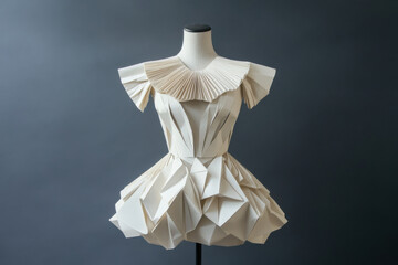 White origami paper dress displayed on mannequin showing modern fashion design