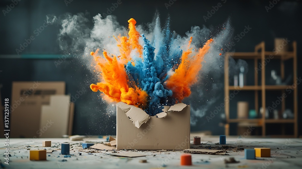 Poster Exploding colors in a cardboard box