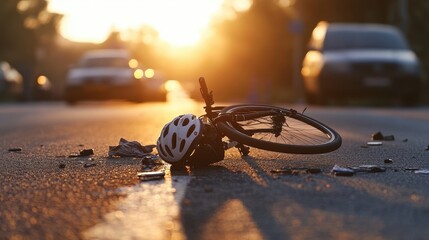 Bicycle accident with helmet on road at sunset
