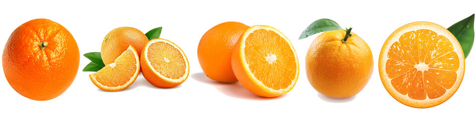 Fresh Oranges with Whole and Sliced Pieces Isolated on White
