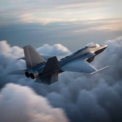 Modern fighter jet soaring above fluffy clouds at sunset  
