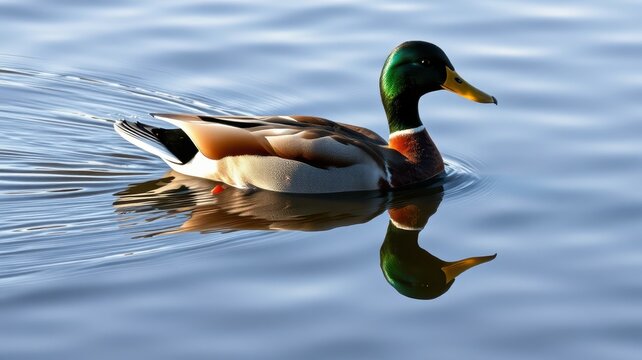Mallard duck swimming gracefully on a serene lake during a calm morning - Powered by Adobe
