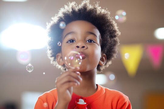 Young african child blowing bubbles indoors under bright light