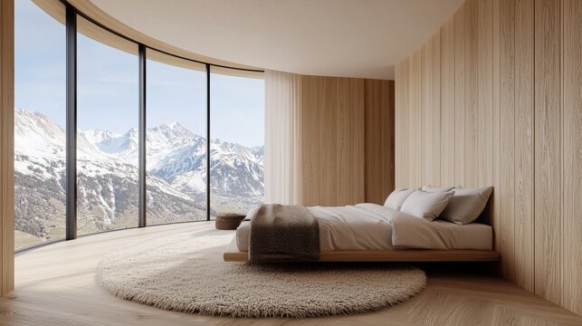 Nordic-inspired hotel bedroom with light wood paneling mountain view interior design cozy environment modern concept