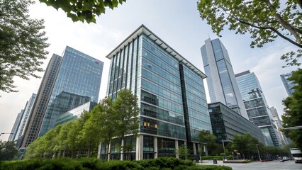 Modern city skyline showcasing sleek glass skyscrapers amidst lush green trees under a bright sky