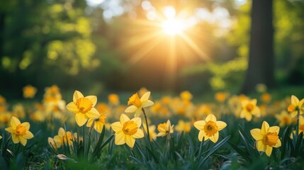 Obraz premium Golden Hour Daffodils: A Springtime Meadow bathed in Sunlight