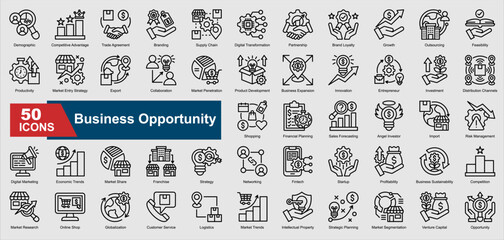 Business Opportunity Icon Collection Set. Demographic, Competitive Advantage, Trade Agreement, Branding, Supply Chain, Digital Transformation, Partnership icon. Line Style Ilustration
