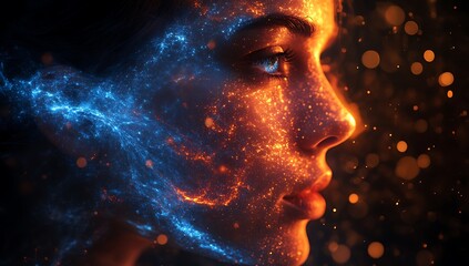 Cosmic Beauty: A Woman's Face Transformed by Celestial Energy