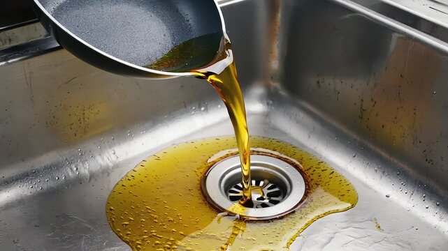 Used cooking oil being poured into kitchen sink