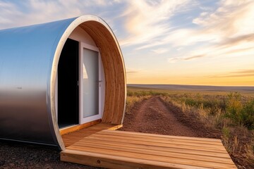 Modern curved tiny home in open landscape at sunset