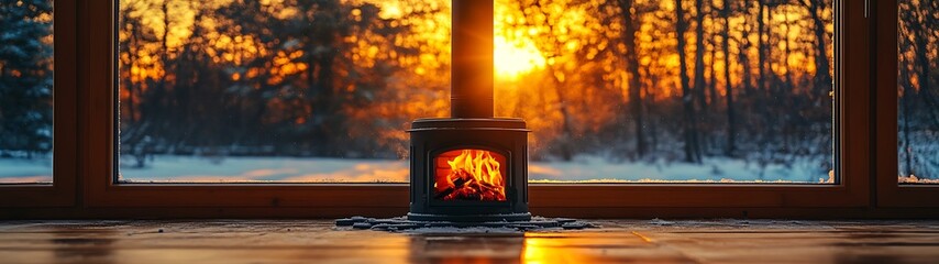 Cozy cabin sunset fire.