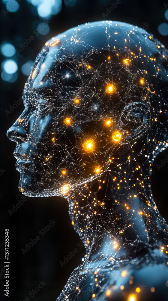 Poster futuristic ai robot head with glowing neural network connections in abstract dark background depicti