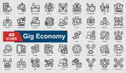 A set of Line Gig Economy icons. Includes remote work, outsourcing, efficiency, time management, and more. Perfect for illustration and design.