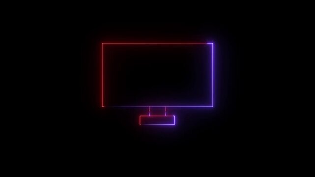 Red and  blue color neon glowing desktop computer pc monitor icon animation symbol on black background .