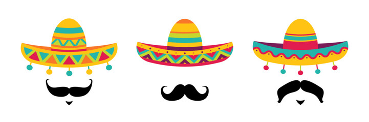 Colorful Sombreros and Mustache Set – Fun and Vibrant Mexican Vector Illustration. Cinco de Mayo, Fiesta Decorations, Traditional Celebration Designs