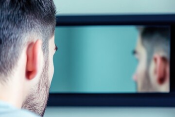 Fototapeta premium Young caucasian male reflection in mirror with short haircut