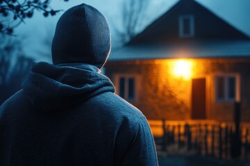 Mysterious figure in hoodie stands before illuminated house at dusk