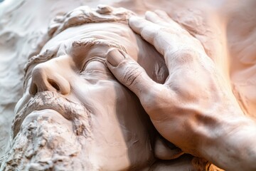 Intricate clay face sculpture with realistic hand detailing