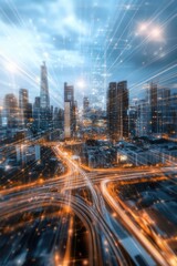 Futuristic cityscape with illuminated skyscrapers and light trails at dusk