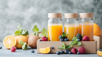 Fresh fruit juices in glass bottles