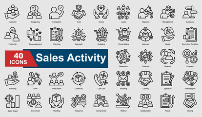 A collection set of outline Sales Activity icons. Includes conversion, leads, trust, closing, follow up, and more. Perfect for illustration and design.