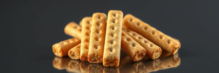 Crunchy golden snack sticks arranged on a reflective surface in a simple yet appealing manner