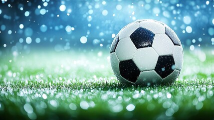 Naklejka premium Soccer ball on grass field during match or training · Football sport visuals for ads, posters, tournaments and sports marketing