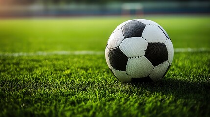 Soccer ball on grass field during match or training · Football sport visuals for ads, posters, tournaments and sports marketing
