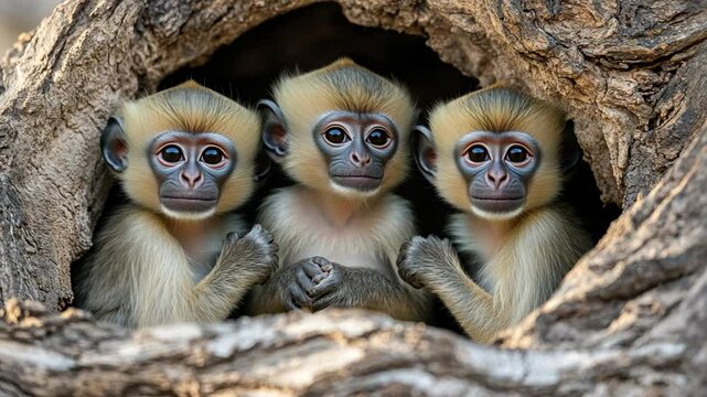 Three young monkeys sheltering together in a tree hollow during daylight hours