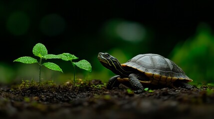 Obraz premium Turtle is seen in foreground near small plant in outdoor natural setting. - high quality Turtle is seen in foreground near small plant in outdoor natu
