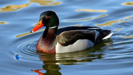 Fototapeta premium Colorful male duck swimming gracefully on a serene lake during bright daylight